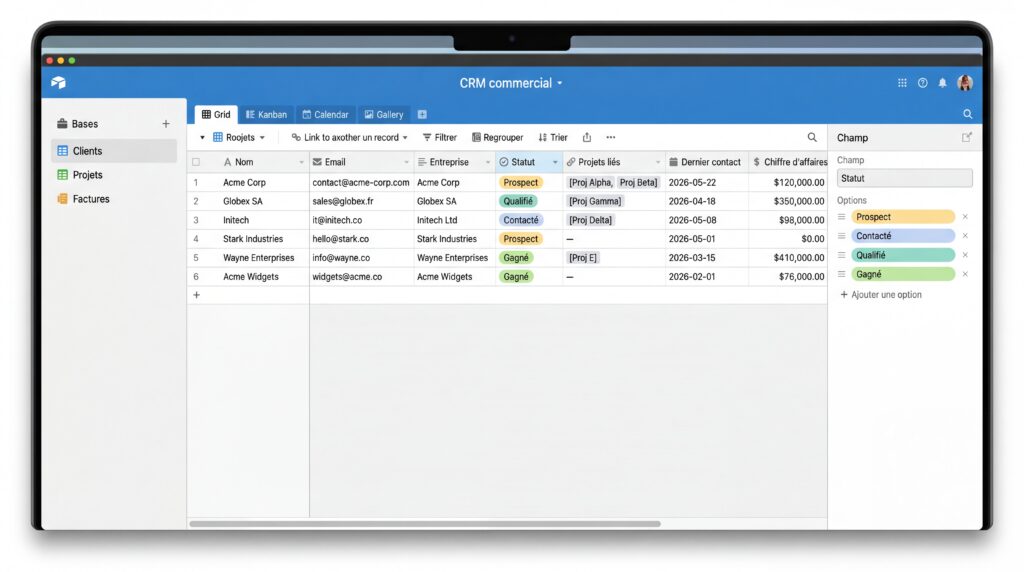 Capture d'écran d'Airtable montrant un tableau de gestion de projet avec des colonnes pour les tâches et les statuts.