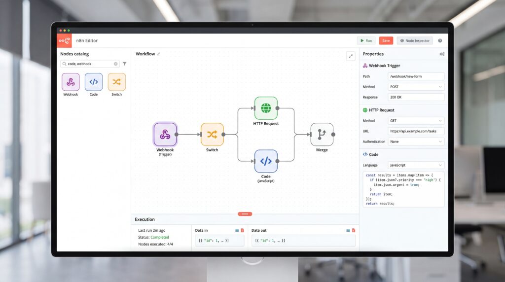 Capture d'écran de l'interface du logiciel n8n montrant un flux d'automatisation avec différents modules connectés.