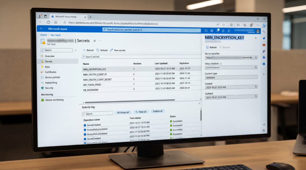 Écran affichant l'interface utilisateur d'n8n avec des détails de workflow et des options de configuration.