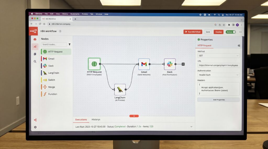 Capture d'écran de l'interface de n8n montrant un flux d'automatisation avec plusieurs étapes.