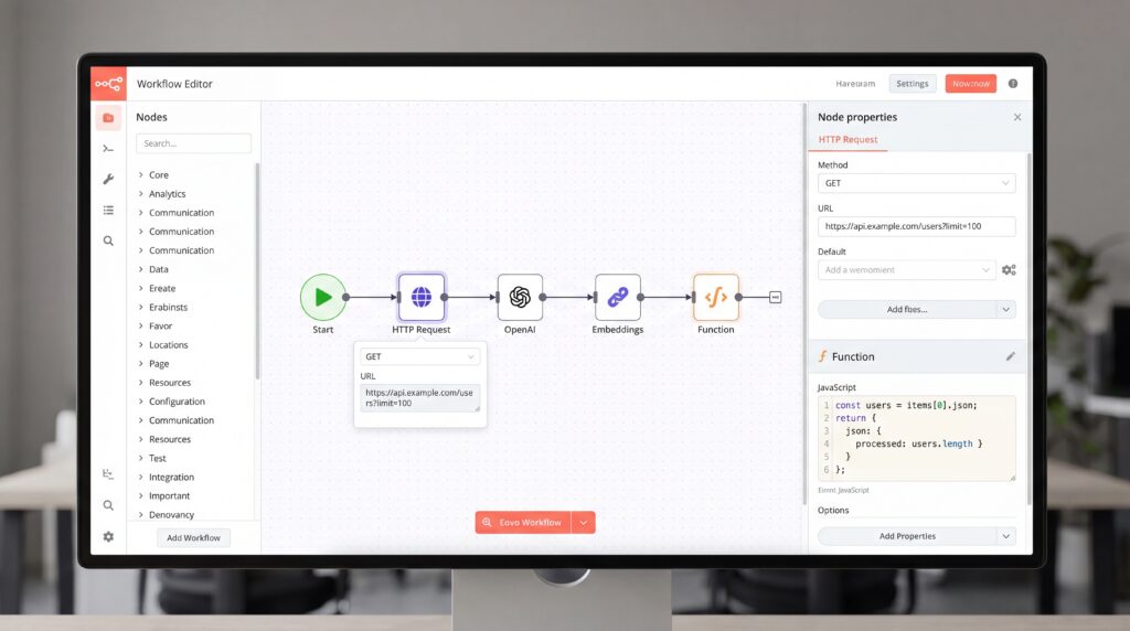 Interface montrant un workflow automatisé sur n8n, avec des modules et des configurations d'événements.