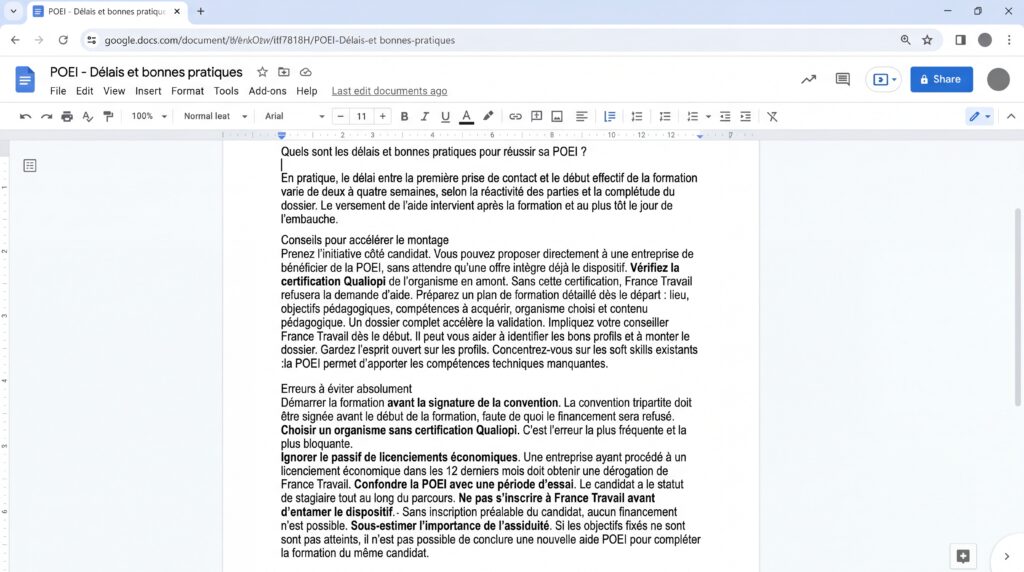 Capture d'écran d'un document sur la Préparation Opérationnelle à l’Emploi Individuelle, présentant des informations et des conseils pertinents.