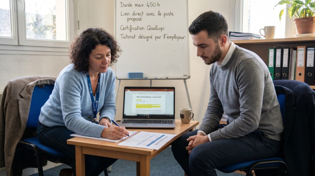 Une conseillère explique des documents à un candidat lors d'une séance de préparation à l'emploi.