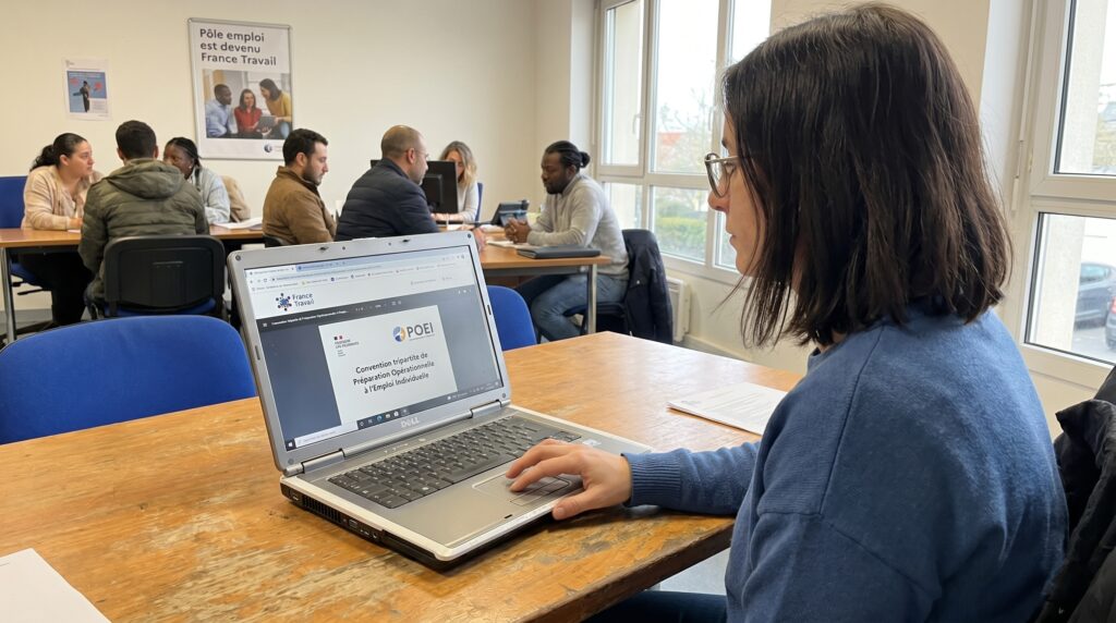 Une personne utilisant un ordinateur portable lors d'un atelier sur la préparation opérationnelle à l'emploi individuelle, avec d'autres participants en arrière-plan.