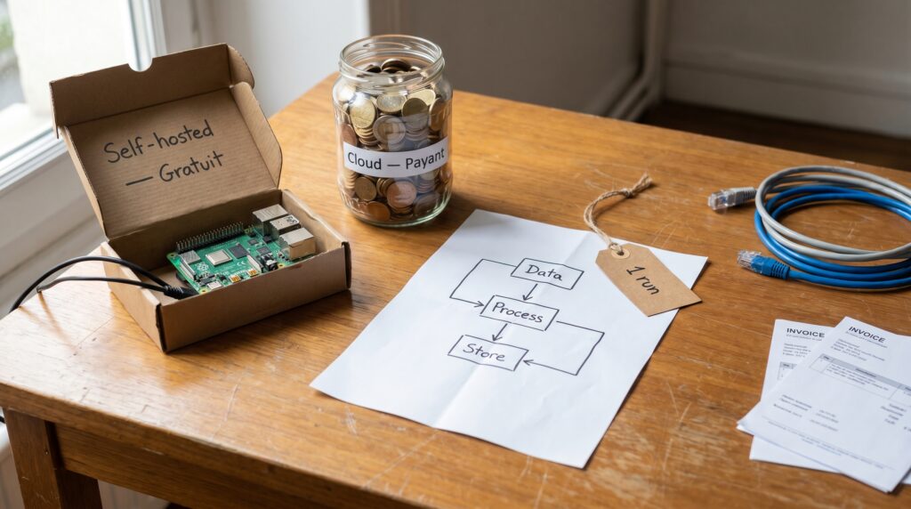 Table avec un kit n8n, un plan de workflow, des câbles et un bocal de pièces de monnaie.