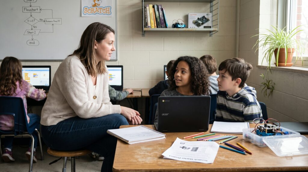 Une enseignante aide des élèves à utiliser des ordinateurs pour apprendre à programmer avec Scratch.
