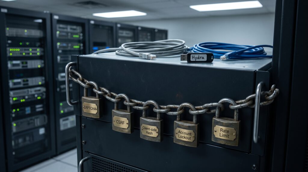 Un serveur informatique sécurisé avec plusieurs cadenas et câbles, montrant l'importance de la sécurité des données.