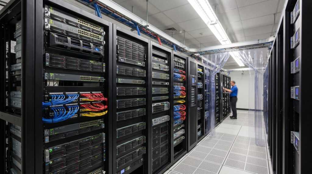 Vue d'un data center avec plusieurs serveurs rackés et un technicien en train de travailler.