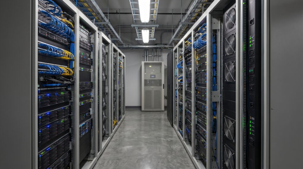 Vue d'un datacenter avec des rangées de serveurs et des câbles colorés, représentant l'infrastructure technologique.