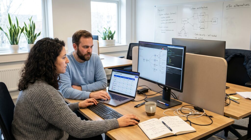 Deux personnes travaillant sur des ordinateurs dans un bureau moderne avec des plantes en arrière-plan.