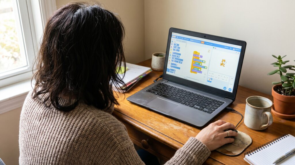 Une personne utilisant le langage de programmation Scratch sur un ordinateur portable, avec un écran affichant des blocs de code.