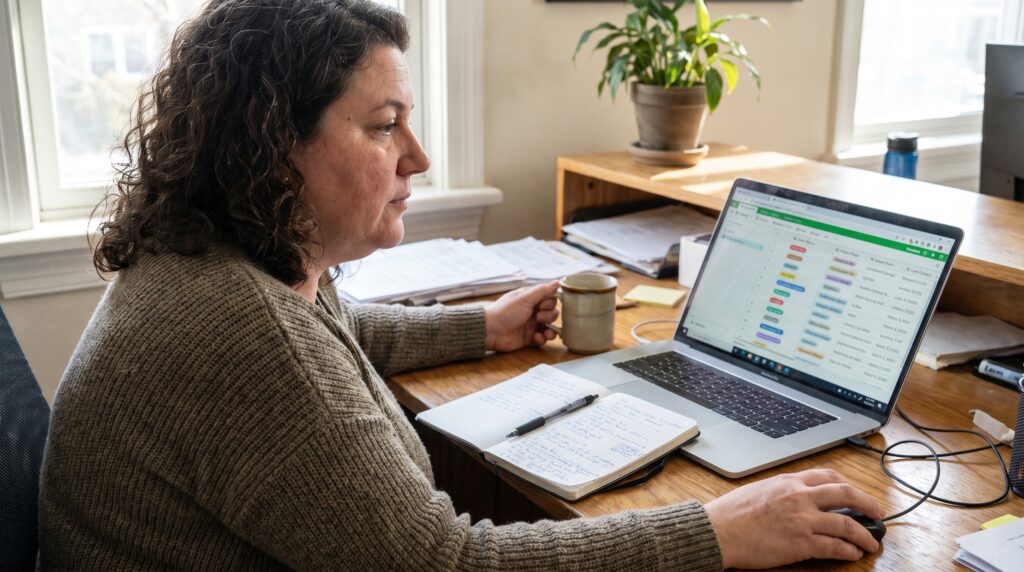 Femme travaillant sur un ordinateur portable avec Airtable ouvert, tenant une tasse et prenant des notes sur un carnet.