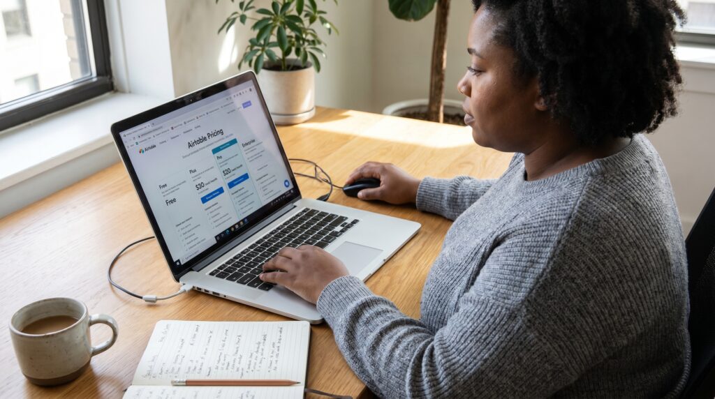 Une personne utilisant Airtable sur un ordinateur portable tout en prenant des notes sur un carnet.