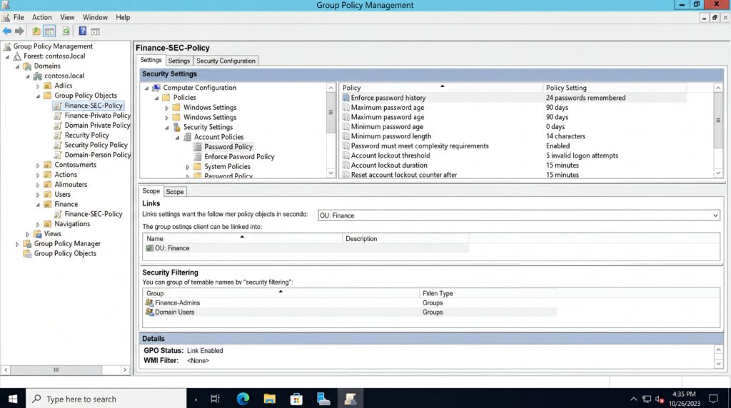 Interface de gestion des politiques de groupe dans Active Directory, montrant diverses options de configuration et paramètres de sécurité.