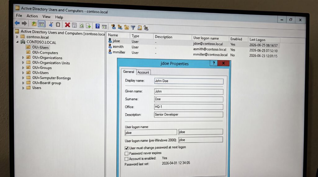 Capture d'écran montrant l'interface Active Directory avec les propriétés du domaine et des utilisateurs.