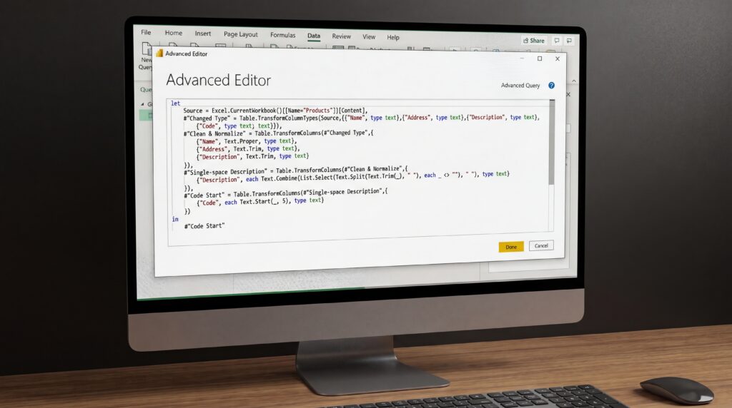 Capture d'écran de l'éditeur avancé dans Power Query affichant des lignes de code.