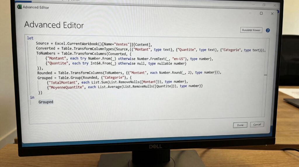 Écran affichant l'éditeur avancé de Power Query avec du code de transformation de données.