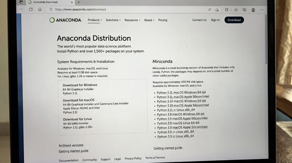 Capture d'écran de la page d'installation de la distribution Anaconda pour Python.