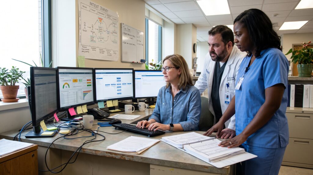 Trois professionnels de la santé analysant des données sur des écrans d'ordinateur dans un bureau médical.