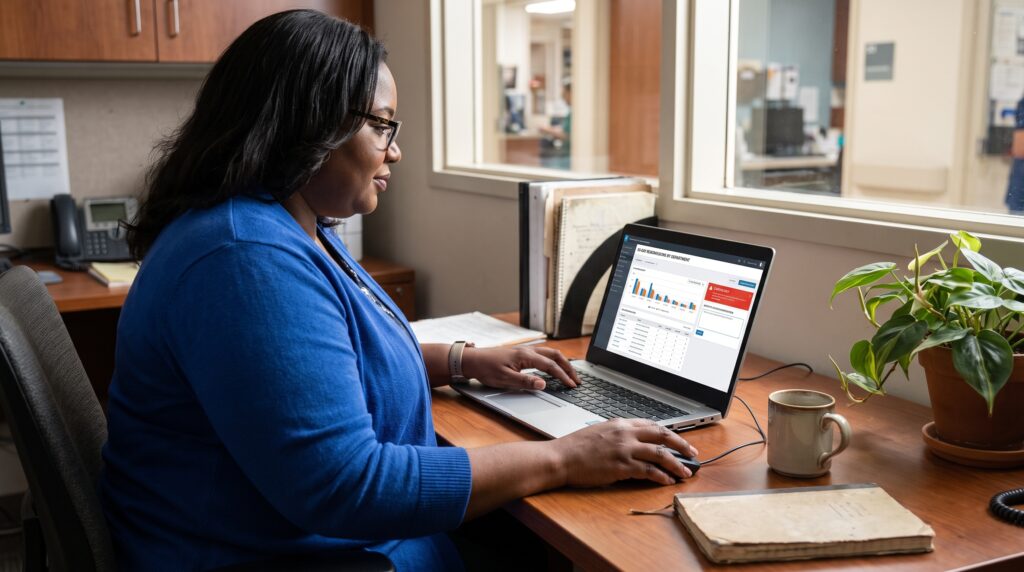 Femme travaillant sur un ordinateur portable, analysant des données de santé dans un bureau.