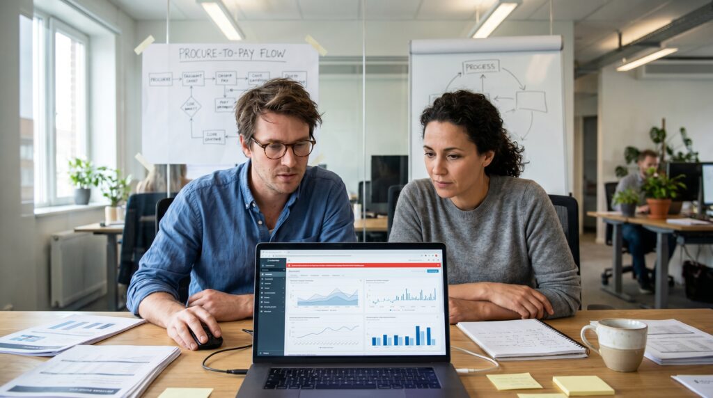 Deux professionnels analysant des données sur un ordinateur portable dans un bureau lumineux.