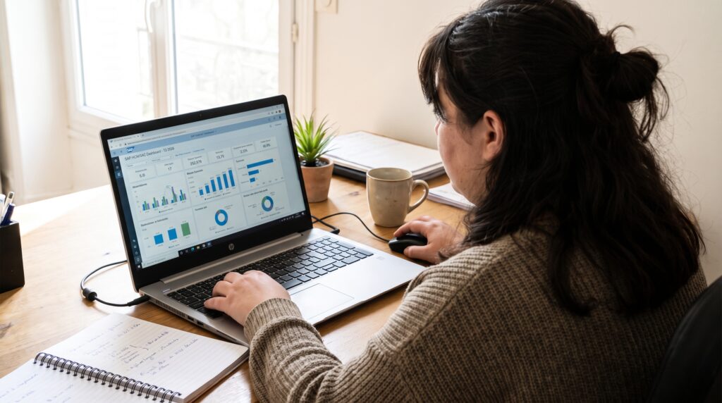 Femme utilisant un ordinateur portable pour analyser des graphiques et des données sur un logiciel de gestion des talents.