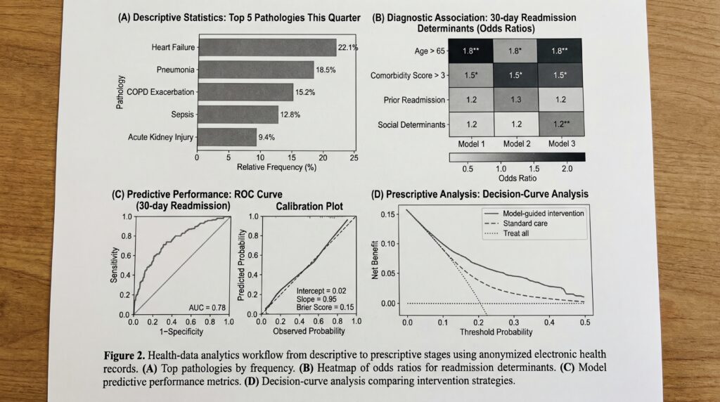 Graphiques et tableaux présentant des statistiques analytiques dans le domaine des données de santé, incluant l'association diagnostique et l'analyse des prédictions.