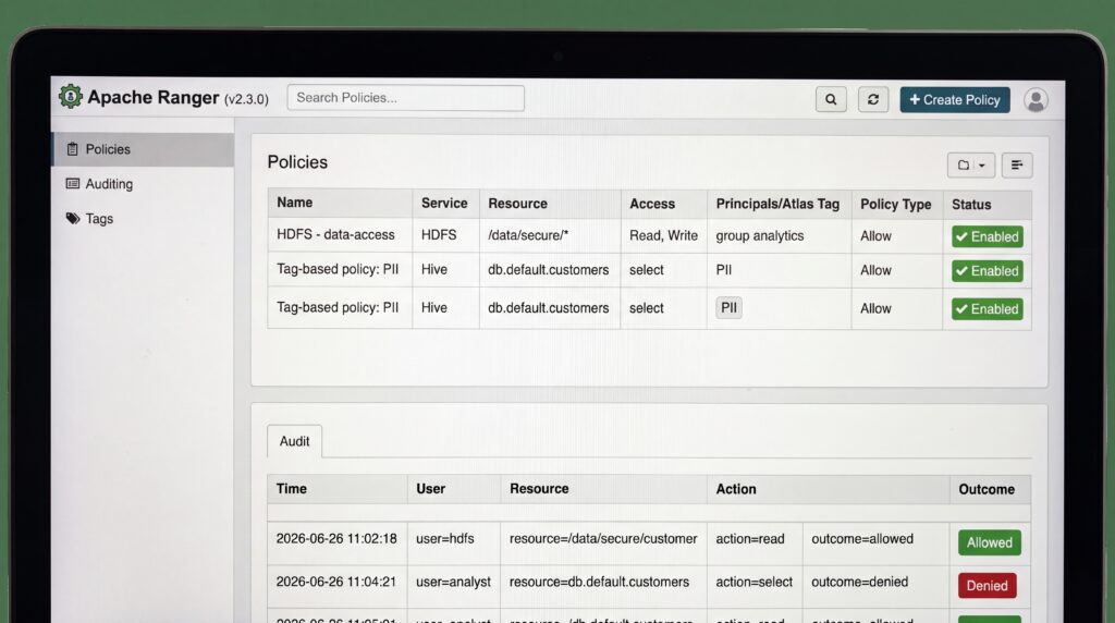 Interface d'Apache Ranger montrant les politiques d'accès et les ressources associées.