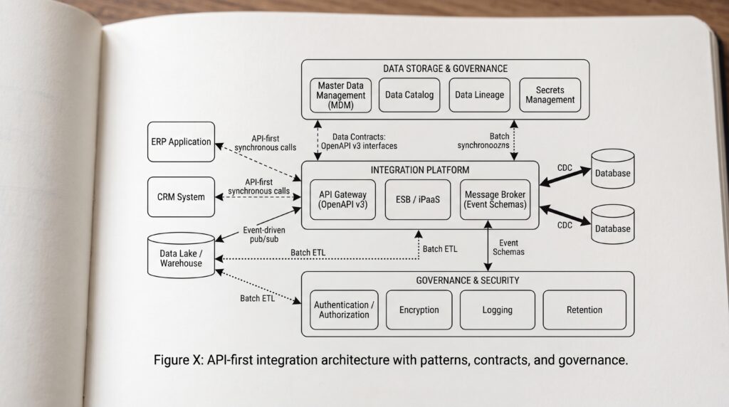 Schéma représentant l'architecture d'intégration API-first avec des processus, des contrats et de la gouvernance.