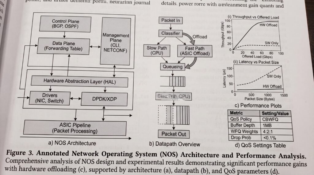 Diagramme illustrant l'architecture des systèmes d'exploitation réseau avec des éléments de performance et des analyses.