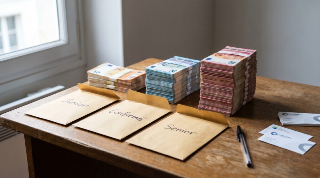 Montant d'argent sous forme de billets de banque empilés à côté de plusieurs enveloppes sur un bureau.