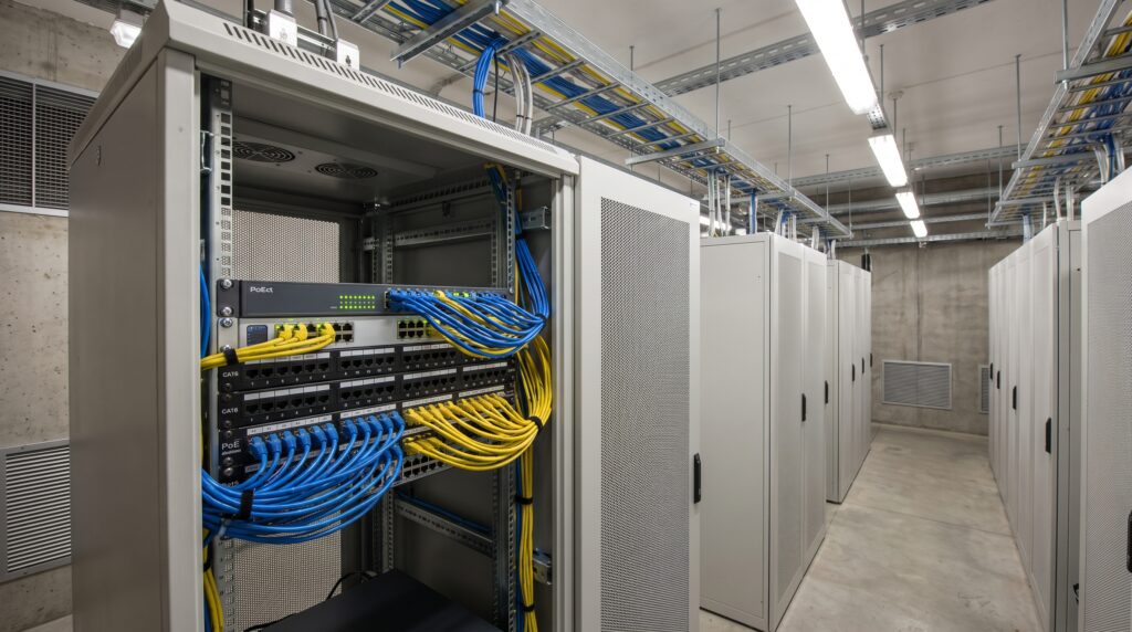 Armoire de réseau avec des câbles bleus et jaunes, illustrant l'infrastructure d'un réseau local WLAN.