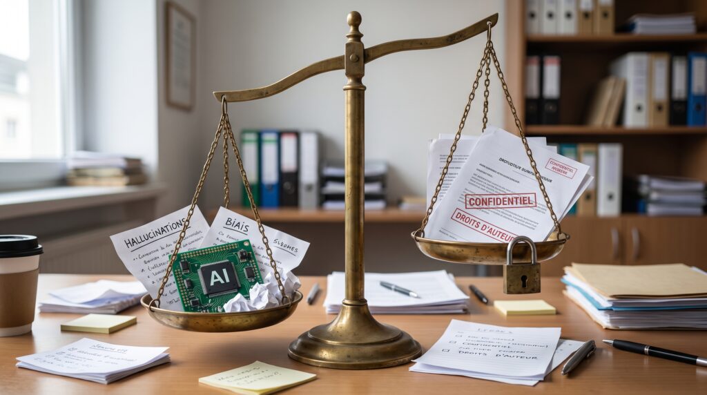 Balance pesant des documents et une puce AI sur un bureau, illustrant l'impact de l'IA générative dans le domaine juridique.