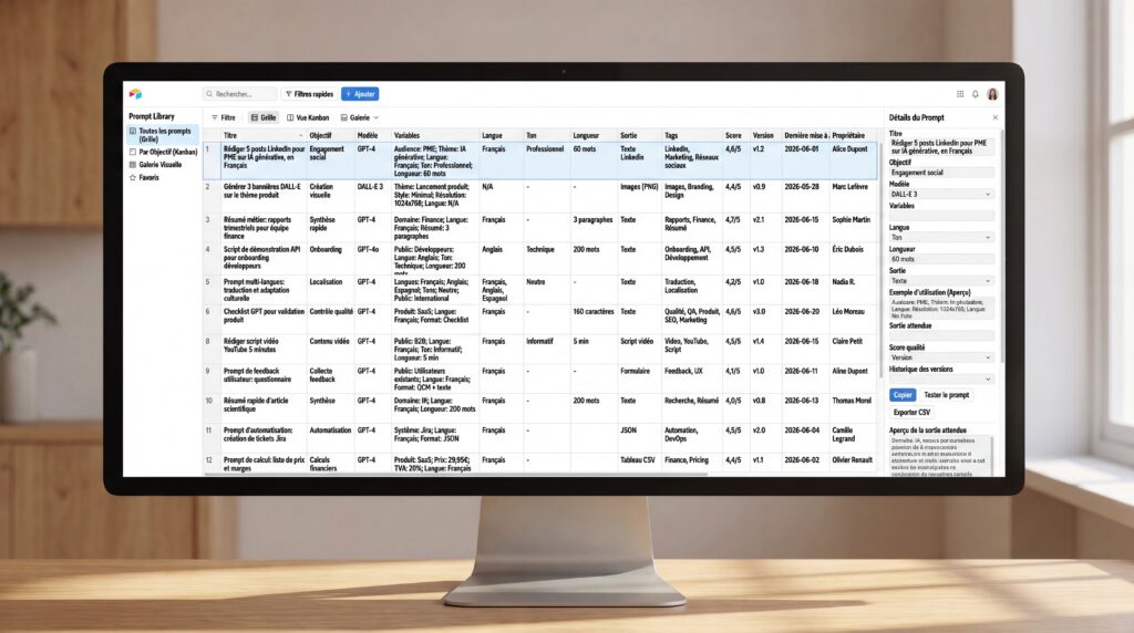 Écran d'ordinateur affichant un tableau de données pour une bibliothèque de prompts IA.