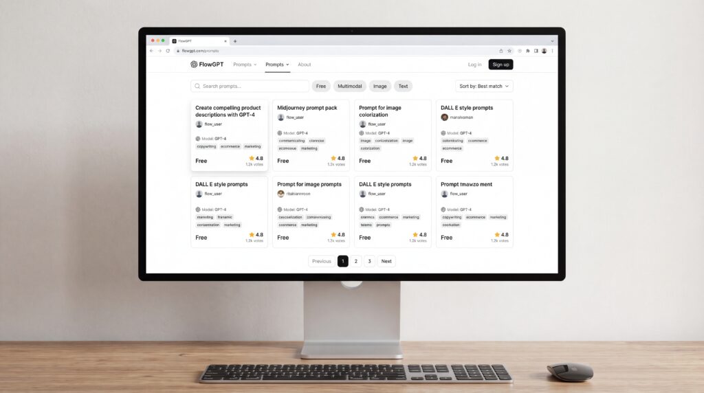 Écran d'ordinateur affichant une bibliothèque de prompts IA avec différentes options et classifications.