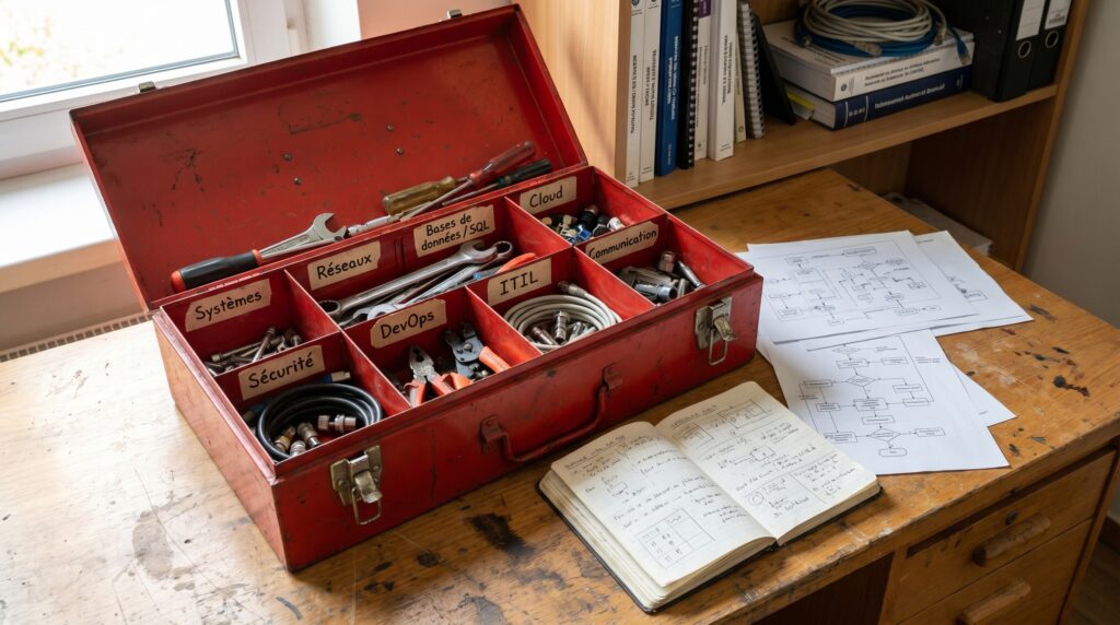 Boîte à outils ouverte avec divers outils et un carnet sur un bureau en bois.