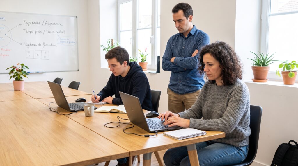 Trois personnes en train de travailler sur des ordinateurs portables dans un environnement de formation collaboratif.