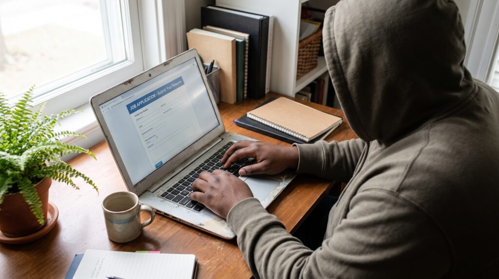 Personne travaillant sur un ordinateur portable dans un environnement lumineux, axée sur une plateforme de formation en ligne.