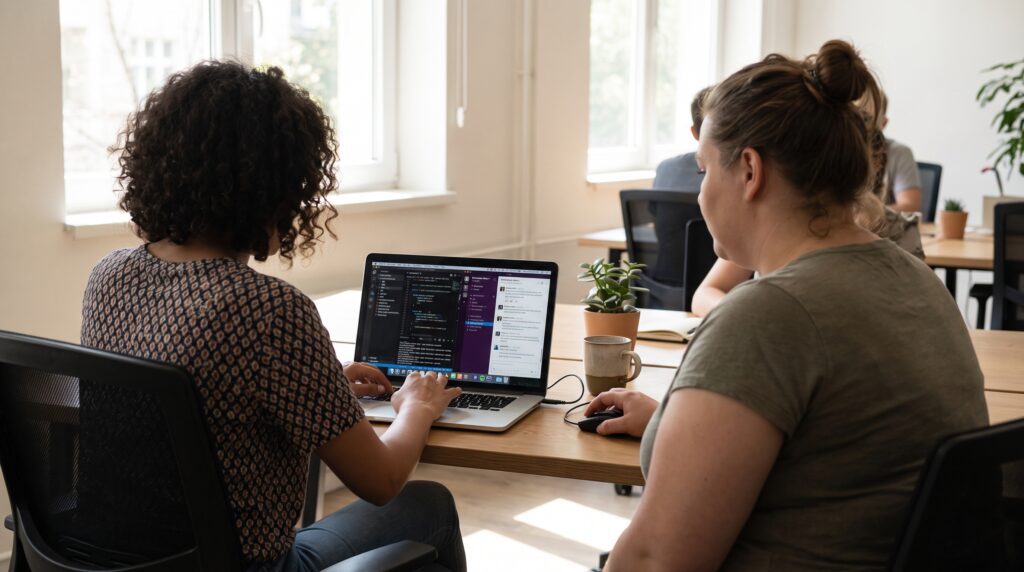 Deux participantes de bootcamp travaillant sur un ordinateur portable dans un espace collaboratif.