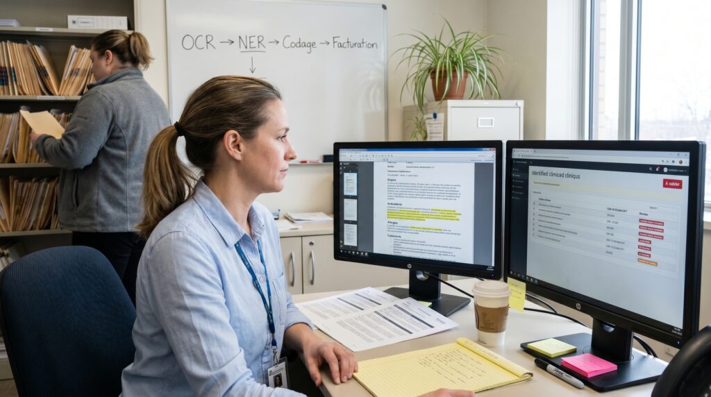 Femme travaillant sur des ordinateurs à un bureau, analysant des données avec des documents et des notes de couleur autour d'elle.