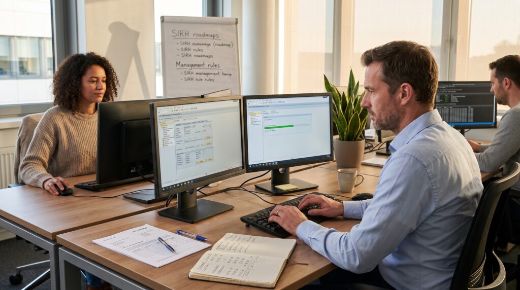 Deux collaborateurs travaillant sur des ordinateurs dans un bureau moderne, avec des documents et un tableau blanc en arrière-plan.