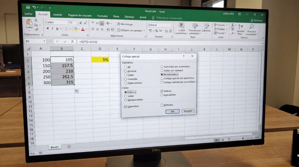 Écran d'ordinateur affichant un tableau Excel avec des calculs de pourcentage.