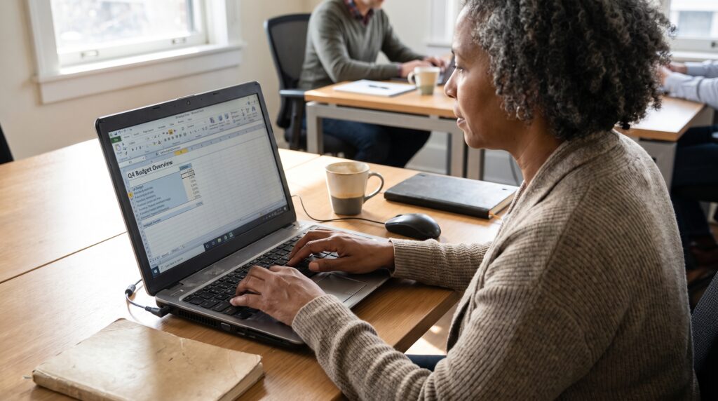 Femme utilisant un ordinateur portable pour effectuer des calculs dans Excel, en montrant un tableau avec des données.
