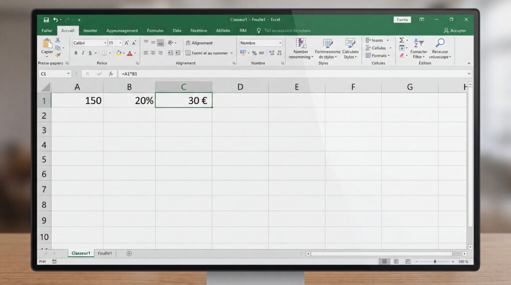 Écran d'ordinateur affichant un tableau Excel avec un calcul de pourcentage.