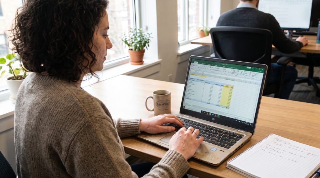Femme utilisant un ordinateur portable avec Excel ouvert, montrant des feuilles de calcul et un graphique de pourcentage.