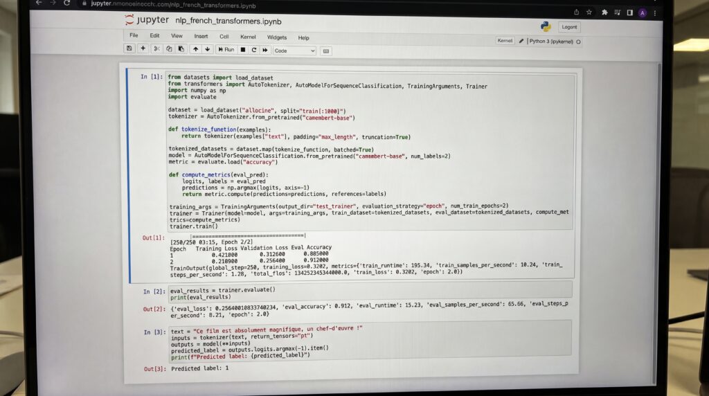 Capture d'écran montrant un code de traitement du langage naturel (NLP) sur un écran d'ordinateur.