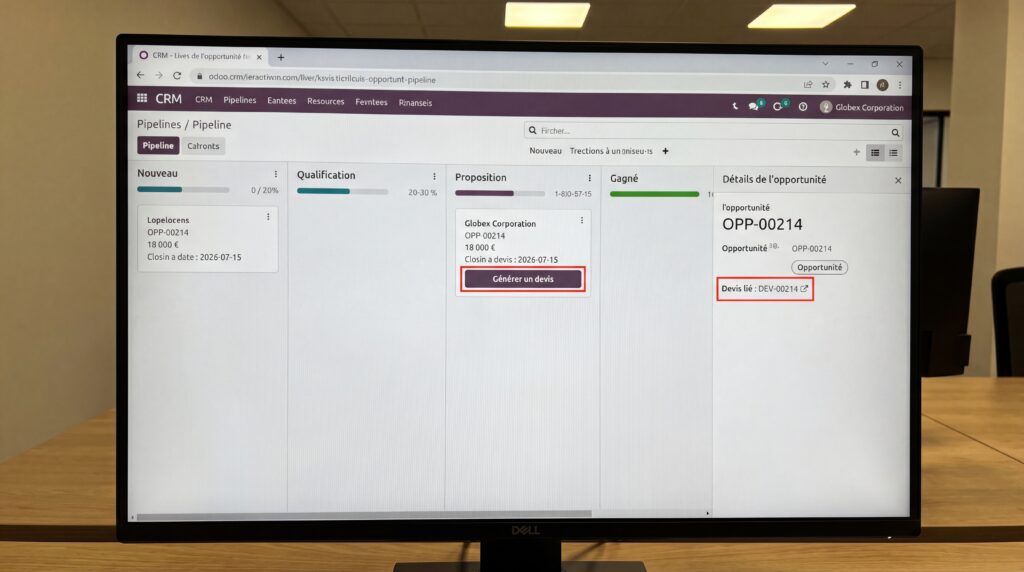 Capture d'écran de l'interface Odoo montrant un tableau de bord de gestion de projet.