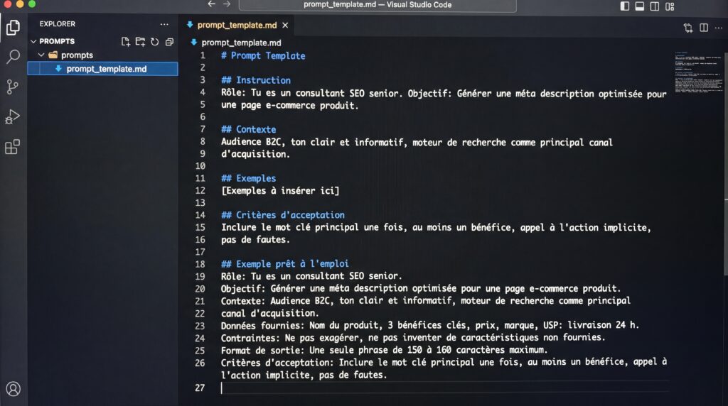 Capture d'écran de code montrant les spécifications et instructions pour le métier de prompt engineer en intelligence artificielle.
