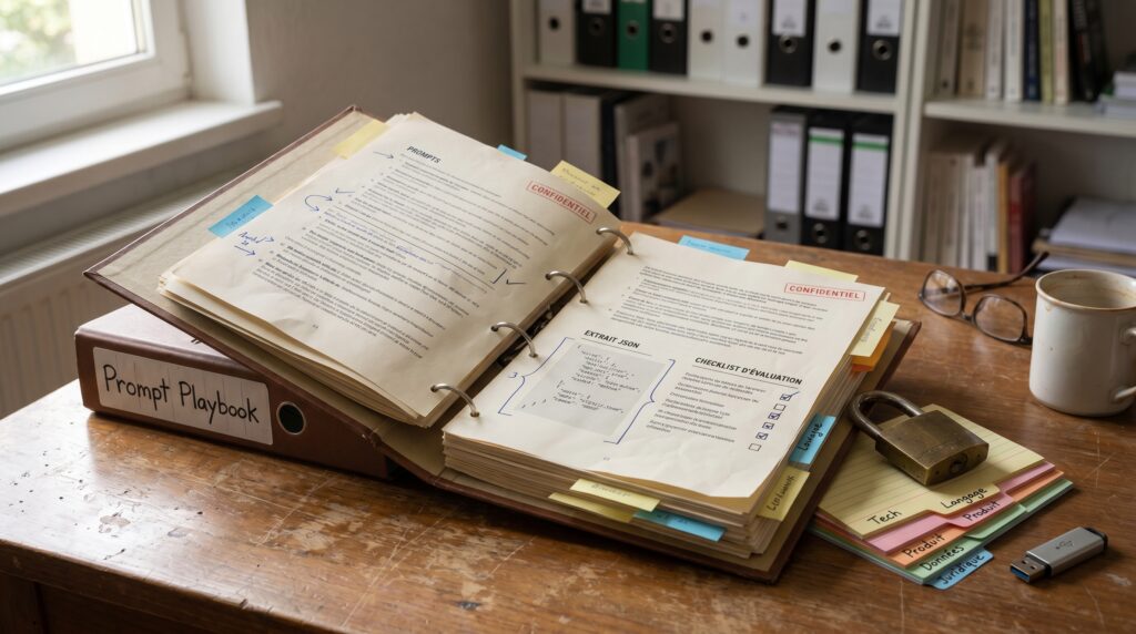 Carnet de notes ouvert sur un bureau, avec des pages remplies de contenu sur le métier de Prompt Engineer.